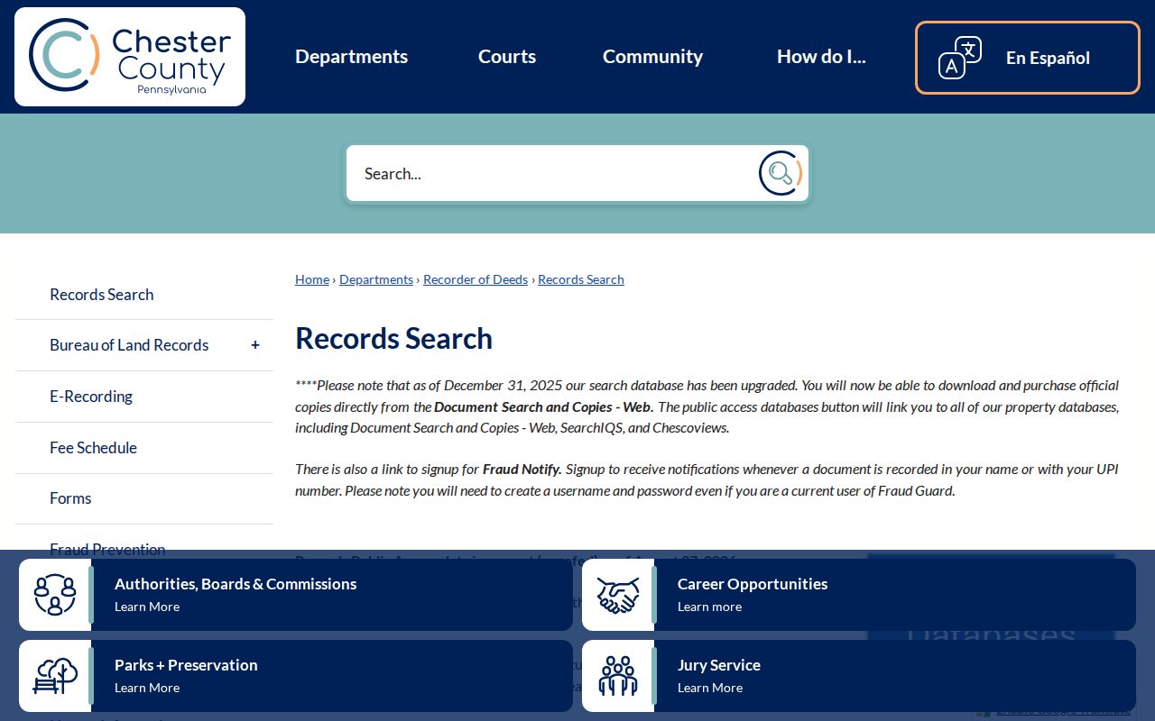 Chester County residents directory Recorder records search page