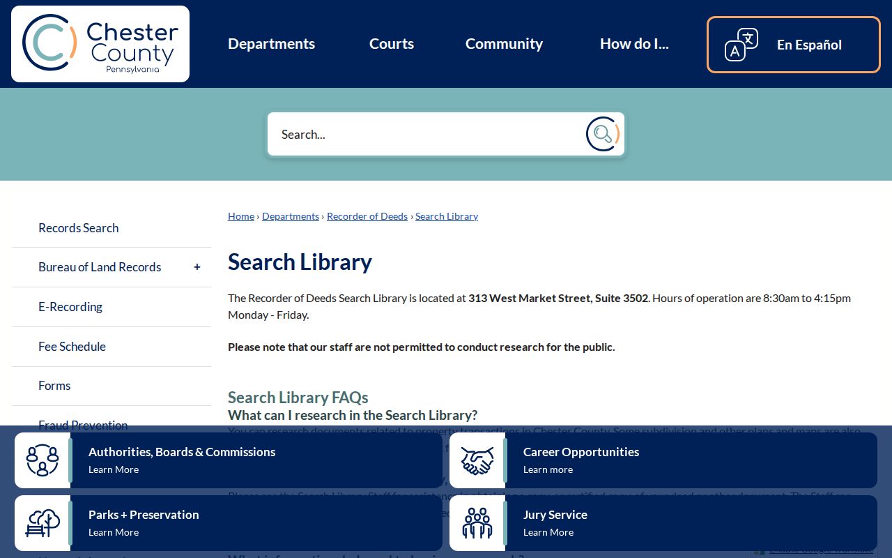 Chester County previous residents research at the Recorder Search Library