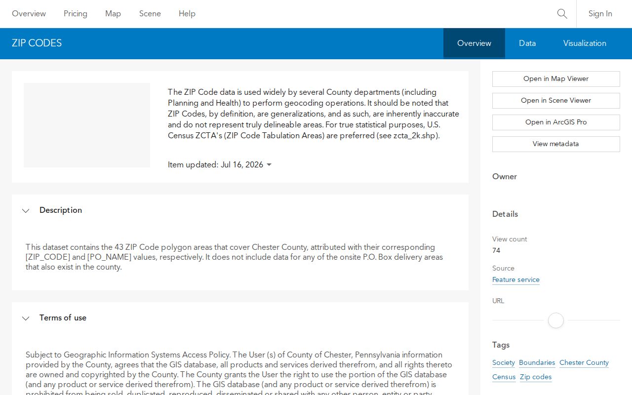 Chester County ZIP code directory County GIS ZIP polygon dataset description