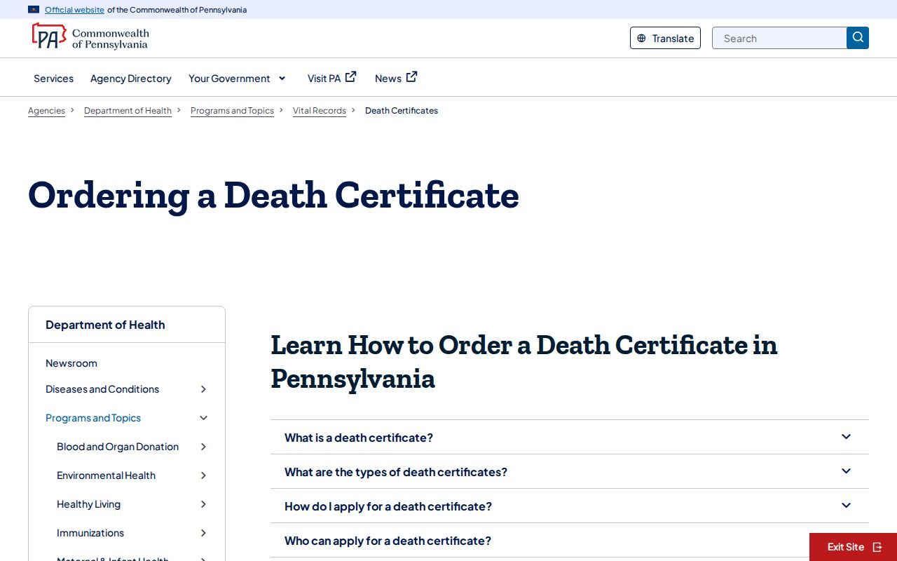 Chester County resident lookup Pennsylvania death certificate request instructions