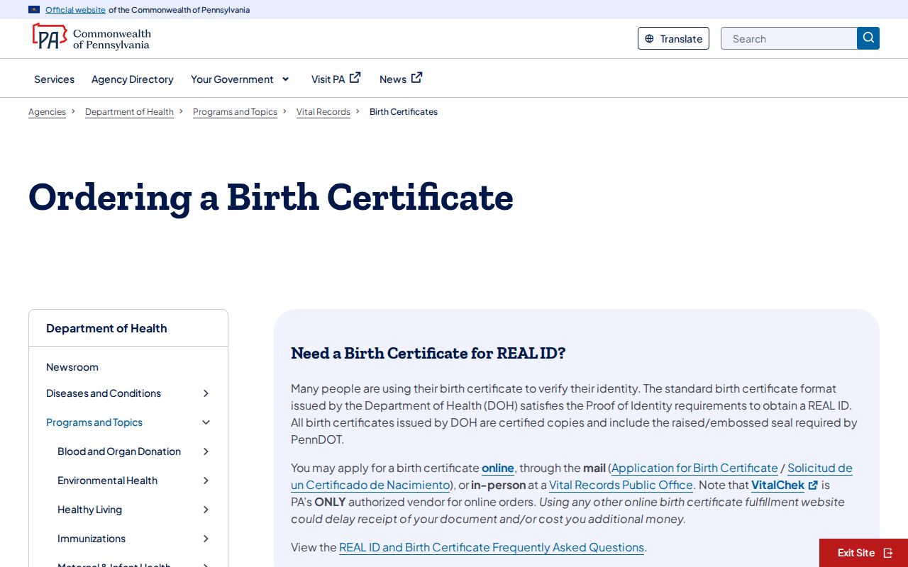 Chester County residents directory Pennsylvania birth certificate request page