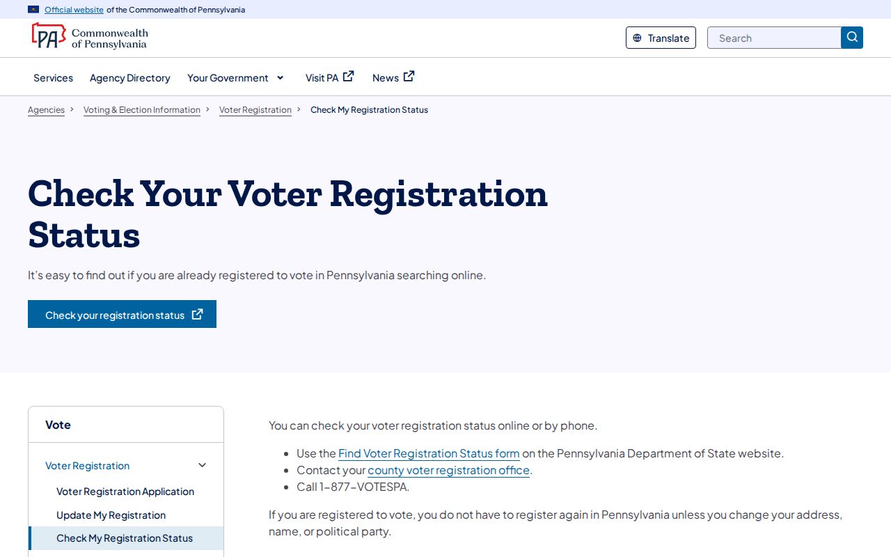 Chester County residents directory Pennsylvania voter registration status screen